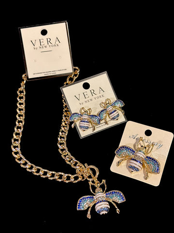 Designer Blue Ombre Rhinestone Bee Toggle Necklace