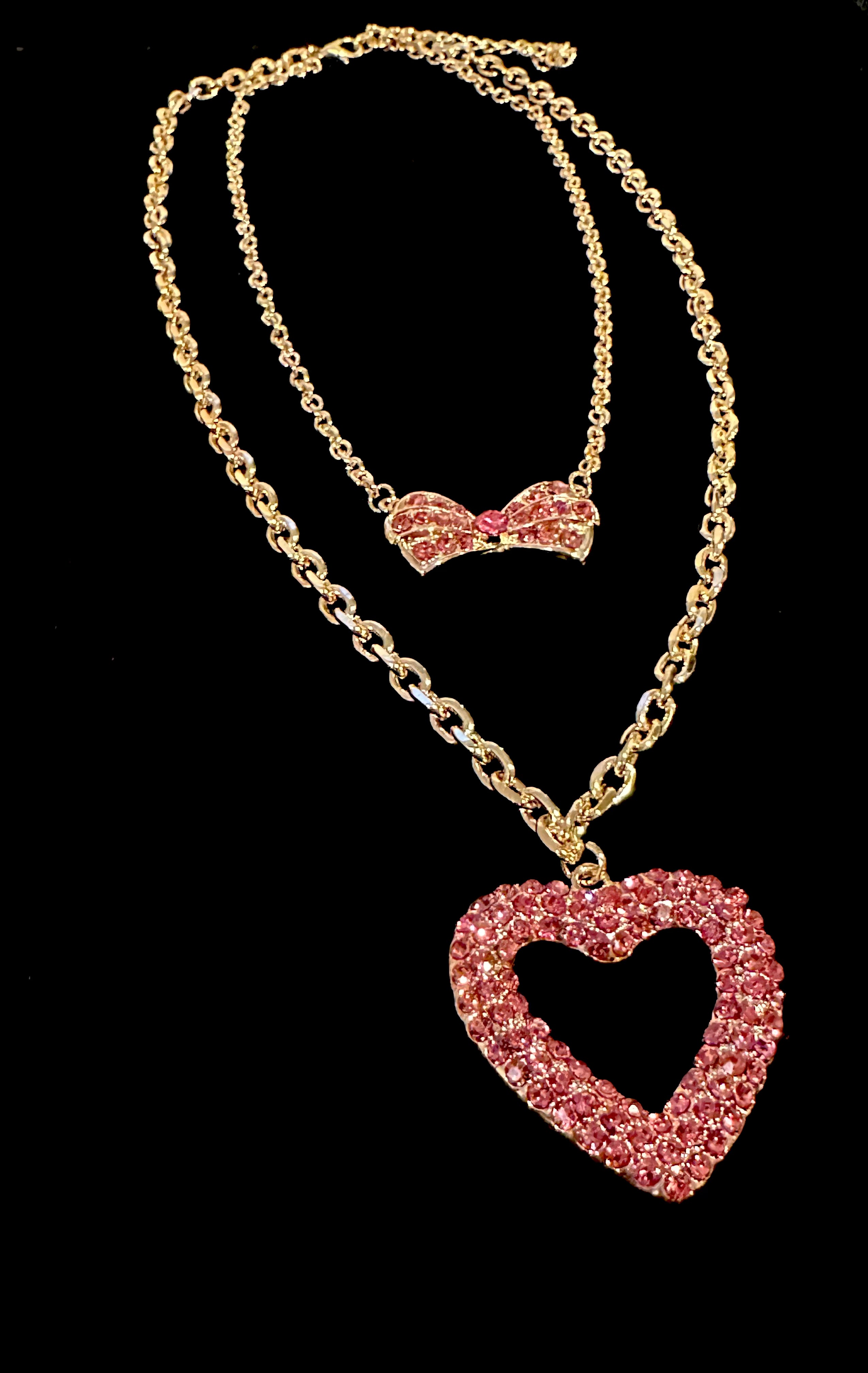 2 Tier Gold Chain Pink Rhinestone Heart & Bow Necklace 2 Tier Gold Chain Pink Rhinestone Heart & Bow Necklace