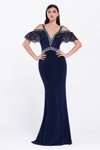 Amazing Off The Shoulder Beaded Jersey Gown in NAVY!