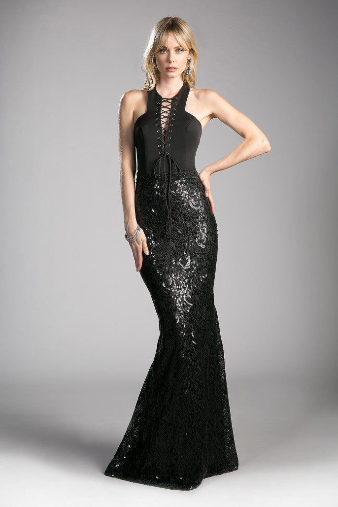 PUNKY! Fitted sequin gown with halter neckline and lace up cut out.