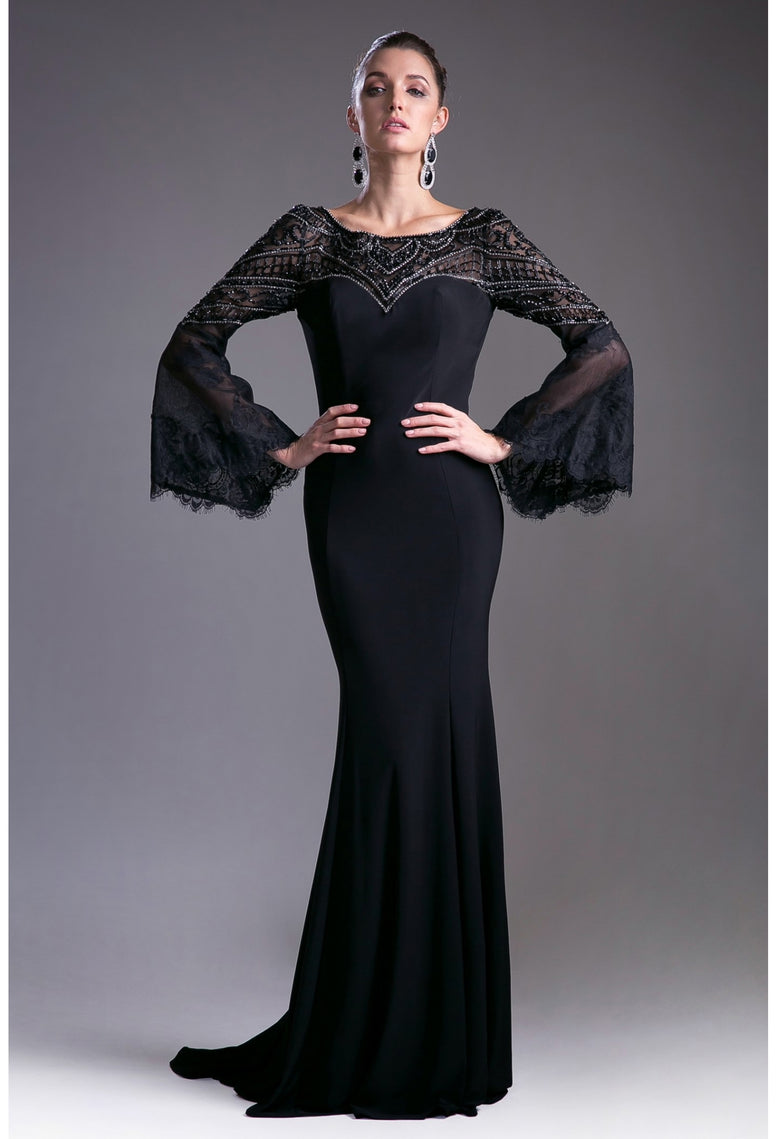 Illusion Beaded Long Sleeve Gown with Lace Accents