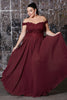 Off the shoulder lace bodice gown with flowy chiffon bottom and leg slit in lining.