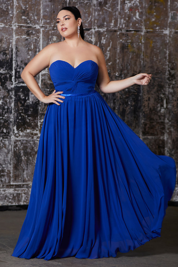 Strapless chiffon a-line dress with gathered bodice and sweetheart