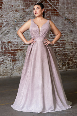 Curve Collection A-line ombre gown with pleated deep v-neckline and open back.