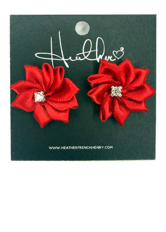 Red Satin Floral Rhinestone Earrings