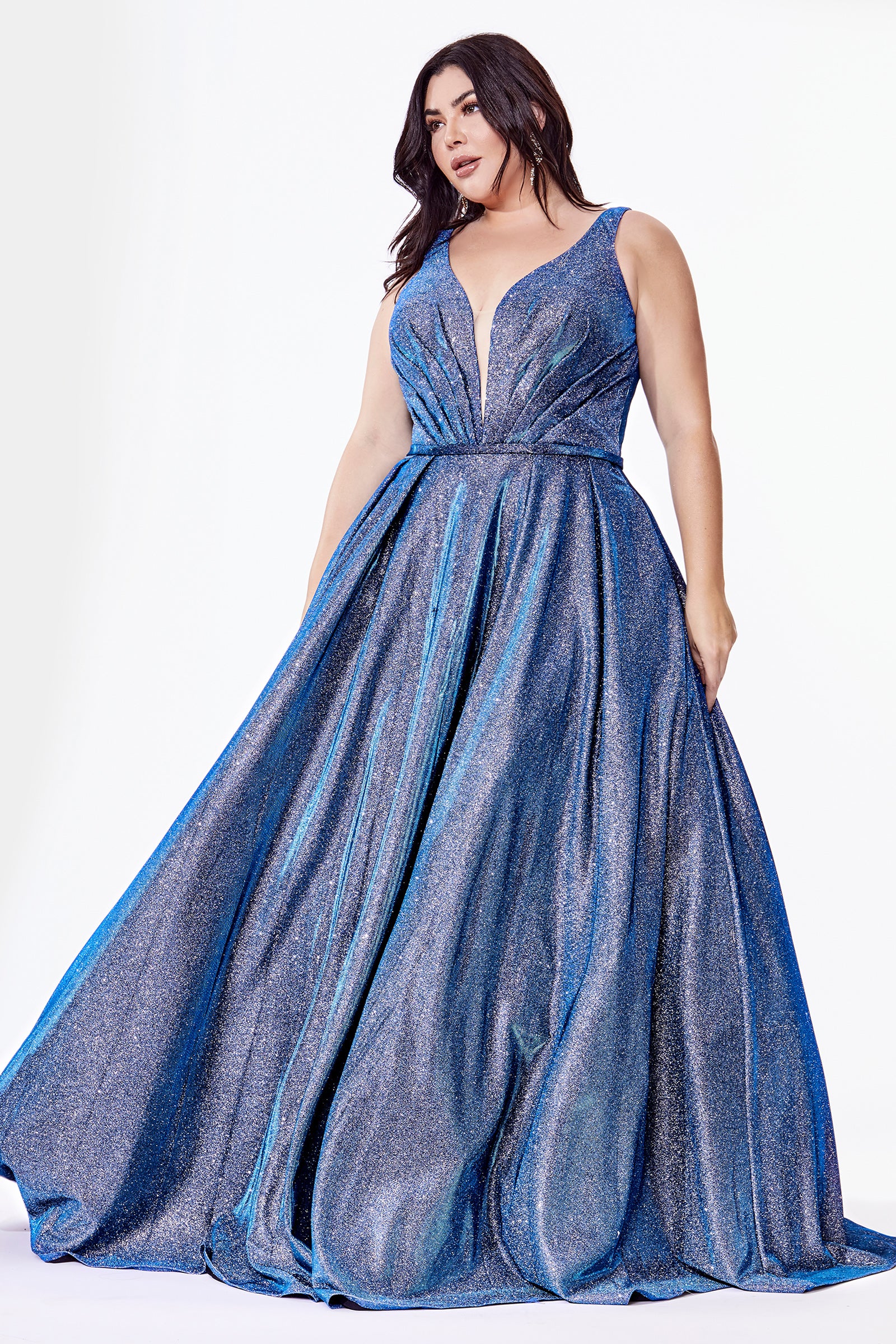 Curve Collection Glitter ball gown with deep plunge neckline and pocke –  Rose Hill Boutique