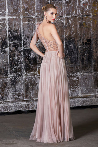 Mauve One Shoulder Beaded Bodice Gown with Pleated A-Line Skirt