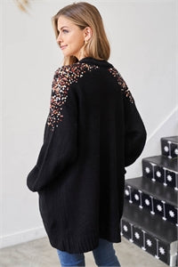 BLACK LONG RAGLAN SLEEVE WITH DETAILED SEQUINS SHOULDER AND FRONT POCKET RIBBED CARDIGAN