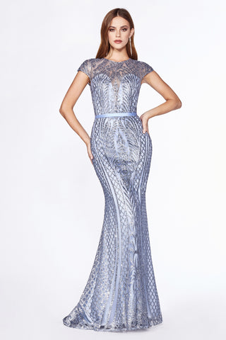 Fitted lattice print glitter gown with cap sleeves and closed back.