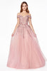 Off the shoulder ball gown with lace applique and lace up corset back.