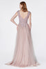 Mauve Flowy A-line tulle gown with cap sleeve and lace bodice.