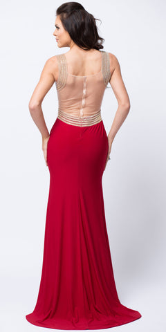 V-NECK EMBELLISHED BODICE SHEER BACK LONG PROM DRESS