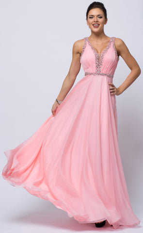 SEQUINED SHIRRED BODICE A-LINE CHIFFON LONG PROM DRESS