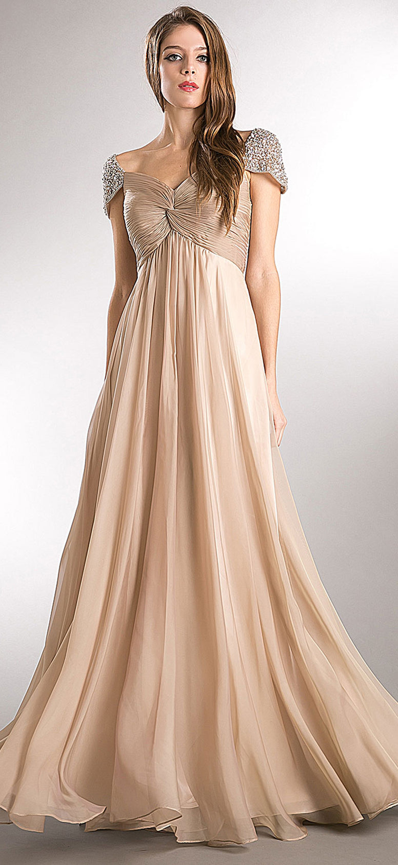 BEJEWELED SLEEVES PLEATED BUST LONG FORMAL EVENING DRESS