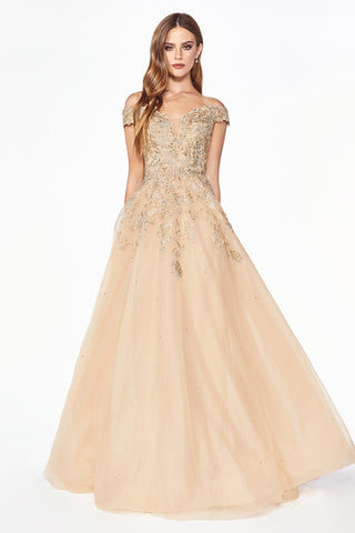 Off the shoulder ball gown with lace applique and lace up corset back.
