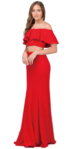 OFF-SHOULDER FLOUNCE TOP TWO PIECE LONG PROM DRESS