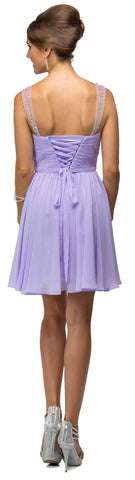 RUCHED BODICE BEADED STRAPS SHORT BRIDESMAID DRESS